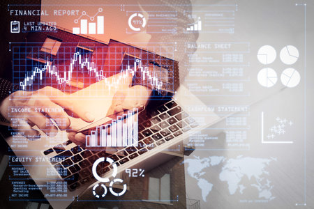 Investor analyzing stock market report and financial dashboard with business intelligence (BI), with...