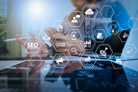 Seo Optimization for website with mobile website and Landing page virtual diagram.Team work...