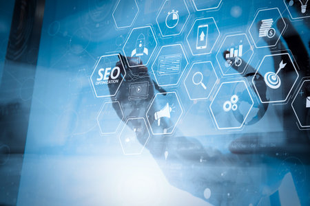 Seo Optimization for website with mobile website and Landing page virtual diagram.businessman hand...