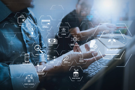 Financial technology flowchart and basic income mining cryptocurrency with blockchain startup...