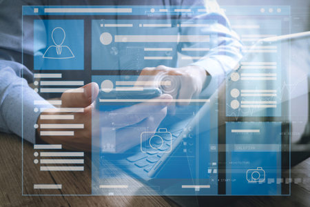 Web page browser of Social media Page VR Interface on the laptop computer.success businessman using smart phone,digital tablet docking smart keyboard,on wooden desk.の写真素材