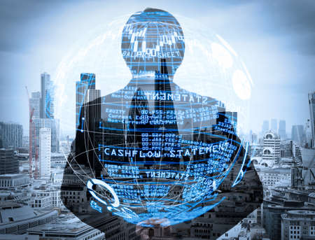 Intelligence (BI) and business analytics (BA) with key performance indicators (KPI) dashboard in VR globe form concept.double exposure of back view of success businessman looking at london building as conceptの写真素材