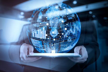 Intelligence (BI) and business analytics (BA) with key performance indicators (KPI) dashboard in VR globe form concept.Double exposure of businessman working with digital tablet computer show social network structure.の写真素材