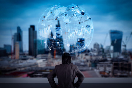 Intelligence (BI) and business analytics (BA) with key performance indicators (KPI) dashboard in VR globe form concept.businessman stands successfully on building top Looking Towards the future with social media diagramの写真素材