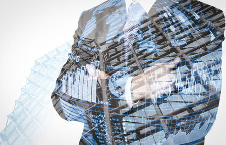 Intelligence (BI) and business analytics (BA) with key performance indicators (KPI) dashboard in VR globe form concept.Double exposure of success businessman with abstractの写真素材