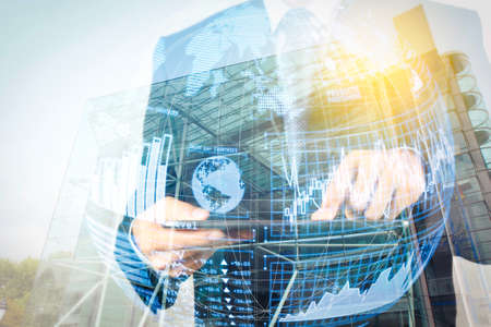 Intelligence (BI) and business analytics (BA) with key performance indicators (KPI) dashboard in VR globe form concept.Double exposure of success businessman with abstract buildingの写真素材