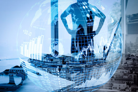 Intelligence (BI) and business analytics (BA) with key performance indicators (KPI) dashboard in VR globe form concept.Double exposure of businessman working with new modern computer show social network structure.の写真素材