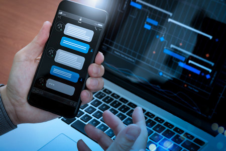 Chatbot conversation with smartphone screen app interface and artificial intelligence technology...