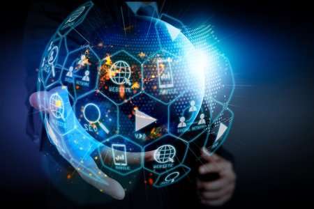 Digital marketing media (website ad, email, social network, SEO, video, mobile app) in virtual globe...