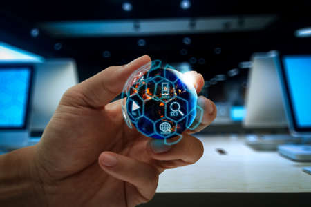 Digital marketing media (website ad, email, social network, SEO, video, mobile app) in virtual globe shape diagram.の写真素材