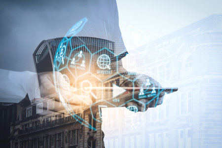 Digital marketing media (website ad, email, social network, SEO, video, mobile app) in virtual globe shape diagram.Double exposure of success businessman using digital tablet with London building.の写真素材