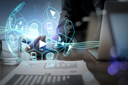 Digital marketing media (website ad, email, social network, SEO, video, mobile app) in virtual globe...