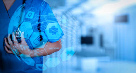 Health care and medical services concept with world or global form and AR interface.success smart medical doctor working with operating room as conceptの写真素材