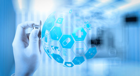 Health care and medical services concept with world or global form and AR interface.close up of hand...