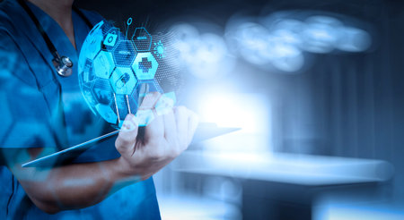 Health care and medical services concept with world or global form and AR interface.success smart medical doctor working with operating roomの写真素材