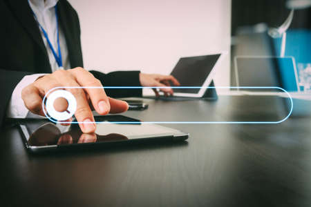 Searching Browsing Internet Data Information Networking Concept with blank search bar.businessman working with smart phone and digital tablet and laptop computer in modern office with glass.の写真素材