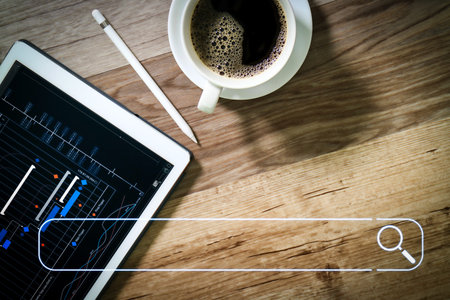 Searching Browsing Internet Data Information Networking Concept with blank search bar.Project manager working and update tasks with milestones progress planning and Gantt chart scheduling virtual diagramの写真素材