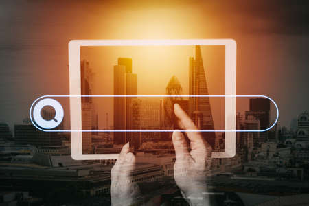 Searching Browsing Internet Data Information Networking Concept with blank search bar.cyber security internet and networking concept.Businessman hand working on mobile phone and digital tablet computer.の写真素材