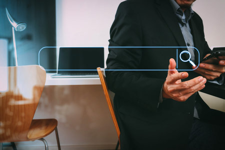 Searching Browsing Internet Data Information Networking Concept with blank search bar.smart medical doctor working with smart phone and digital tablet and laptop computer and stethoscope in modern office at hospitalの写真素材