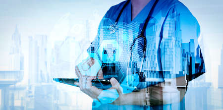 Health care and medical services concept with world or global form and AR interface.Double exposure of smart medical doctor working with abstract city as conceptの写真素材