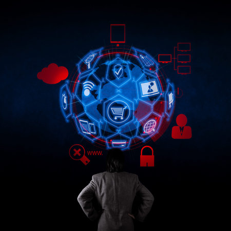 E-commerce concept with VR digital interface with icons of shopping cart and delivery truck and credit card with symbol of online purchase on internet.businessman looking at 3d world with padlock.の写真素材