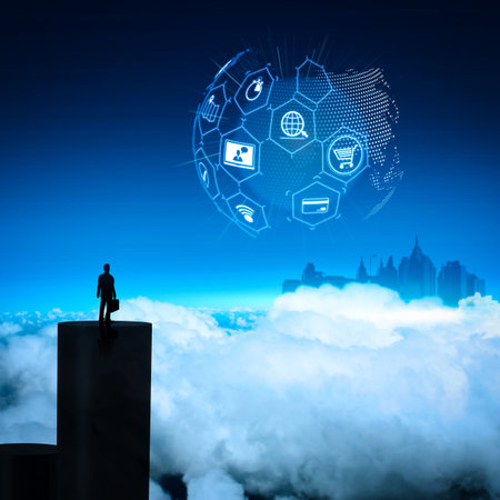 E-commerce concept with VR digital interface with icons of shopping cart and delivery truck and credit card with symbol of online purchase on internet.businessman stands successfully on building top Looking Towardsの写真素材