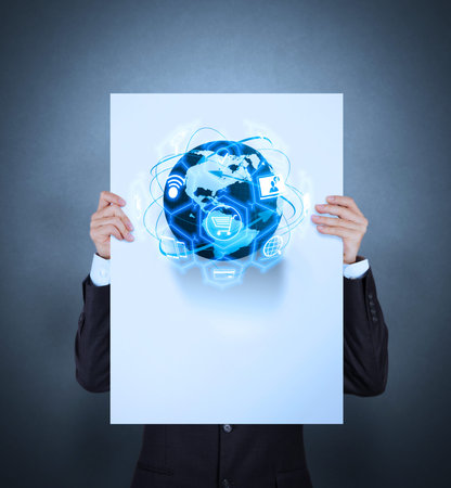 E-commerce concept with VR digital interface with icons of shopping cart and delivery truck and credit card with symbol of online purchase on internet.man showing poster of Hand drawn social network structure as conceptの写真素材