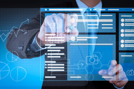 Web page browser of Social media Page VR Interface on the laptop computer.businessman hand working...