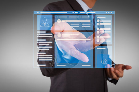 Web page browser of Social media Page VR Interface on the laptop computer. business man with an open hand as showing something conceptの写真素材