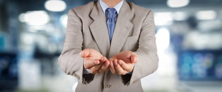 businessman workimg on VR blank wide touch screen computer on office blur background.の写真素材