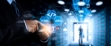 Coding software developer work with augmented reality dashboard computer icons of scrum agile...