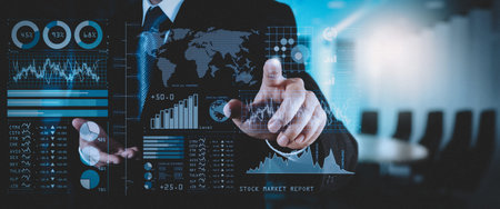Investor analyzing stock market report and financial dashboard with business intelligence (BI), with...