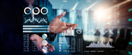 Investor analyzing stock market report and financial dashboard with business intelligence (BI), with...