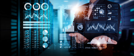 Investor analyzing stock market report and financial dashboard with business intelligence (BI), with...