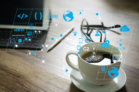 Coding software developer work with AR new design dashboard computer icons of scrum agile...