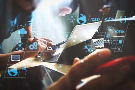 Coding software developer work with AR new design dashboard computer icons of scrum agile...