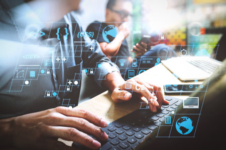 Coding software developer work with AR new design dashboard computer icons of scrum agile...
