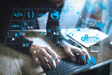 Coding software developer work with AR new design dashboard computer icons of scrum agile...