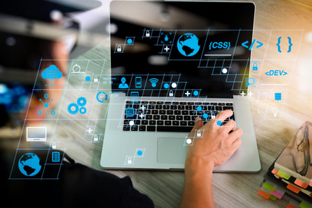 Coding software developer work with AR new design dashboard computer icons of scrum agile...