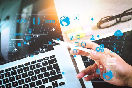 Coding software developer work with AR new design dashboard computer icons of scrum agile...