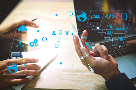 Coding software developer work with AR new design dashboard computer icons of scrum agile...