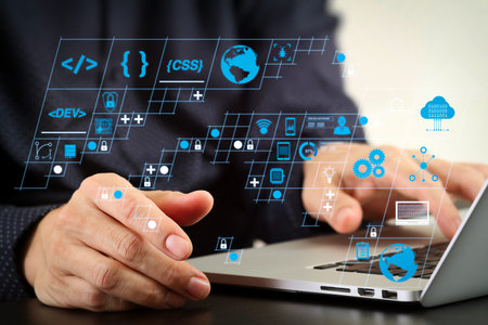 Coding software developer work with AR new design dashboard computer icons of scrum agile...