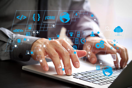 Coding software developer work with AR new design dashboard computer icons of scrum agile...