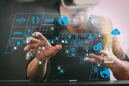 Coding software developer work with AR new design dashboard computer icons of scrum agile...