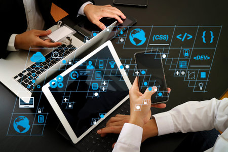 Coding software developer work with AR new design dashboard computer icons of scrum agile...