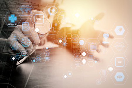 Health care and medical technology services concept with flat line AR interface.smart medical doctor...