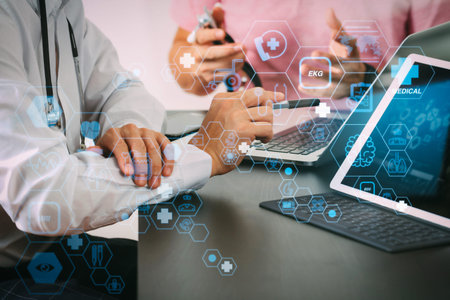 Health care and medical technology services concept with flat line AR interface.Doctor working with...
