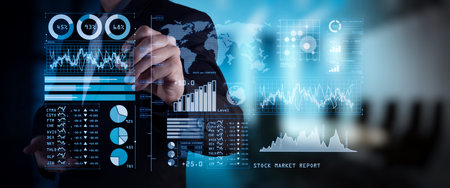 Investor analyzing stock market report and financial dashboard with business intelligence (BI), with...