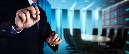 businessman workimg on VR blank wide touch screen computer on office blur background.
