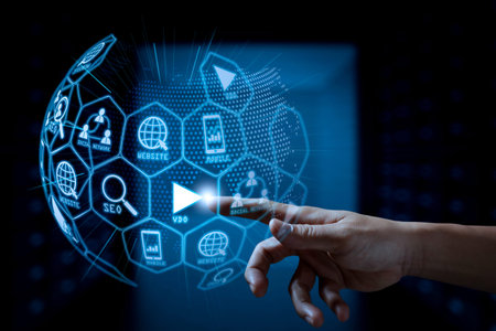 Digital marketing media (website ad, email, social network, SEO, video, mobile app) in virtual globe shape diagram.businessman hand  working with touch screen in actionの写真素材